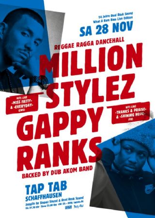 Million Stylez (SWE), Gappy Ranks (UK) backed by Dub Akom Band (F)